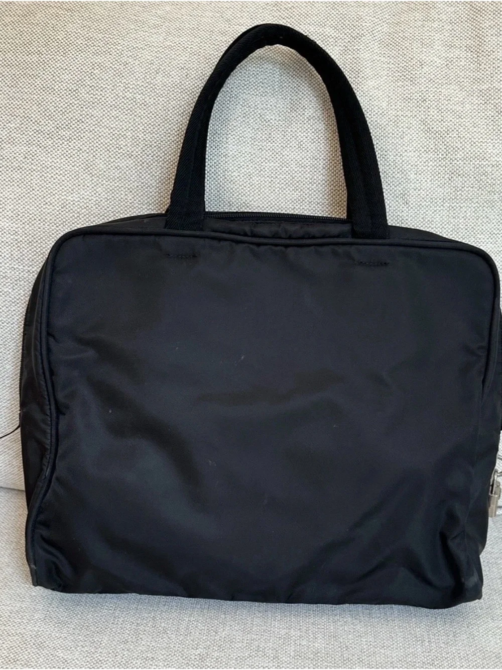 UNISEX PRADA Black Nylon Tote Bag with Silver Hardware Zipper and Padlock.